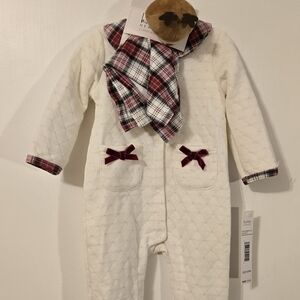 Nicole Miller Cream Quilted Footie With Red and Black Plaid Accents Baby Outfit